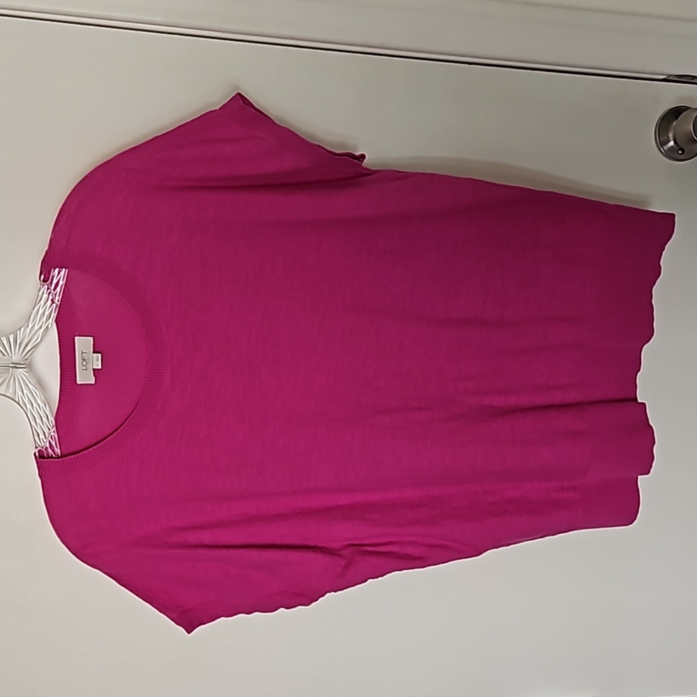 Loft Outlet 100% Cotton Crewneck Cap Sleeve Knit Top in Hot Pink Size Large